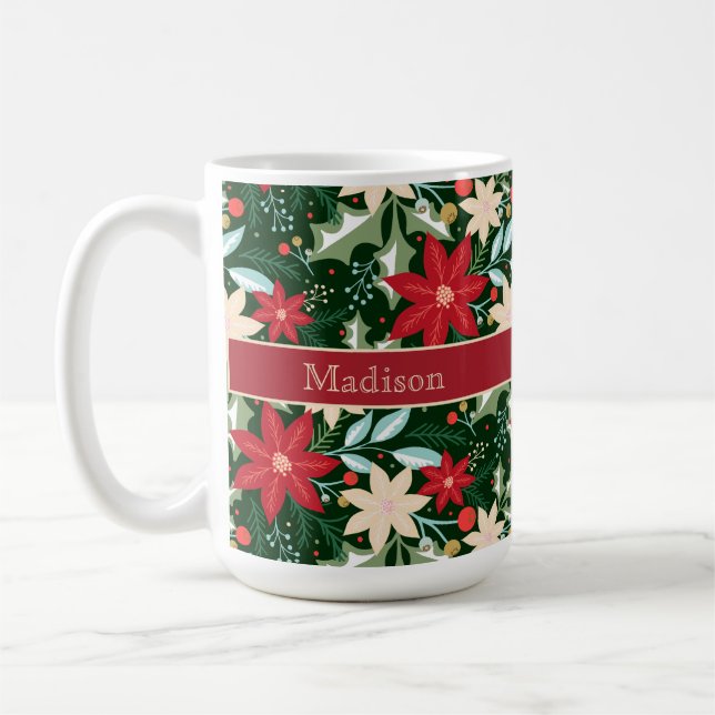 Poinsettia Flowers Leaves Holiday Christmas Coffee Mug (Left)
