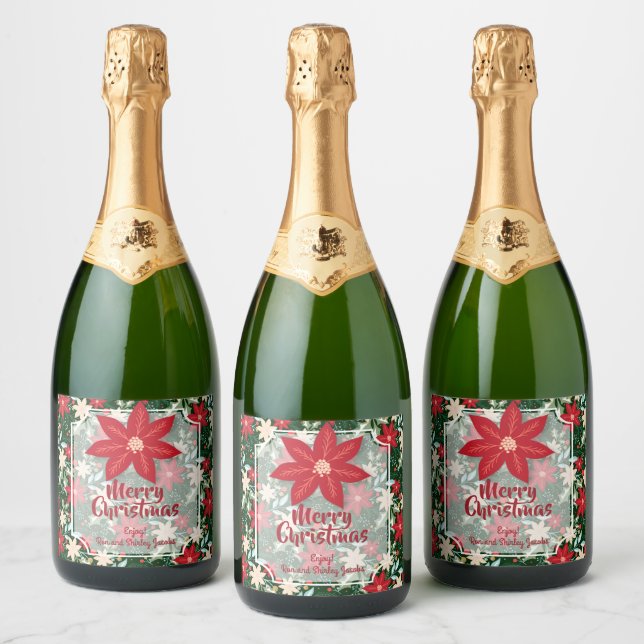 Poinsettia Flowers Leaves Holiday Christmas Sparkling Wine Label (Bottles)