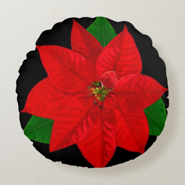 Poinsettia Flowers on Black Round Pillow (Front)