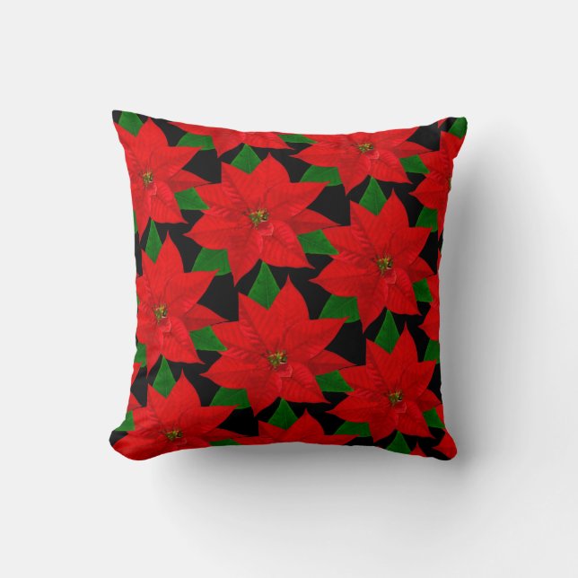 Poinsettia Flowers on Black Throw Pillow (Front)