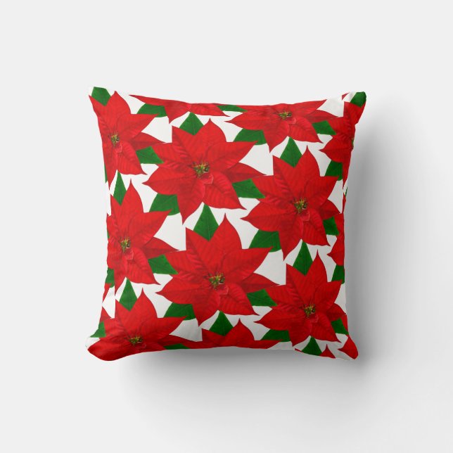 Poinsettia Flowers on White Throw Pillow (Front)