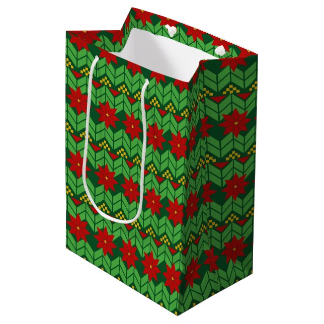 Poinsettia Flowers Red Gold and Green Holiday Medium Gift Bag (Front Angled)
