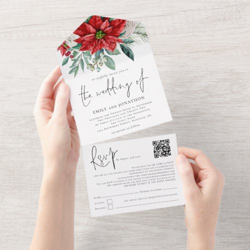 Poinsettia Foliage QR Code Script Wedding All In One Invitation