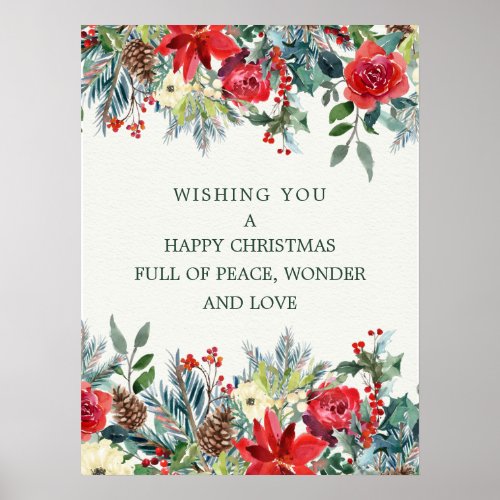 Poinsettia foliage red berries cones Christmas Poster