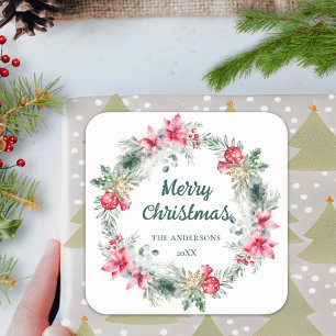 Poinsettia Foliage Red Green Christmas Wreath Square Sticker