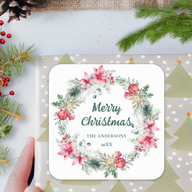  Poinsettia Foliage Red Green Christmas Wreath Square Sticker (Creator Uploaded)