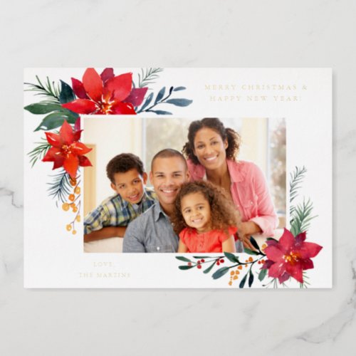 Poinsettia Frame H Photo Holiday  Foil Invitation