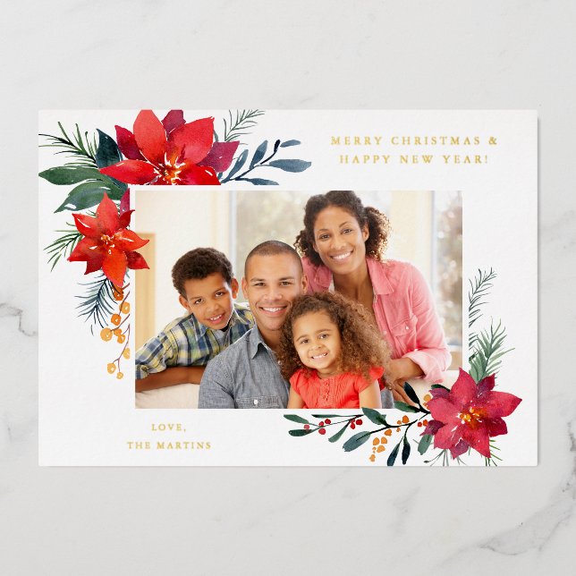 Poinsettia Frame H Photo Holiday  Foil Invitation (Front)