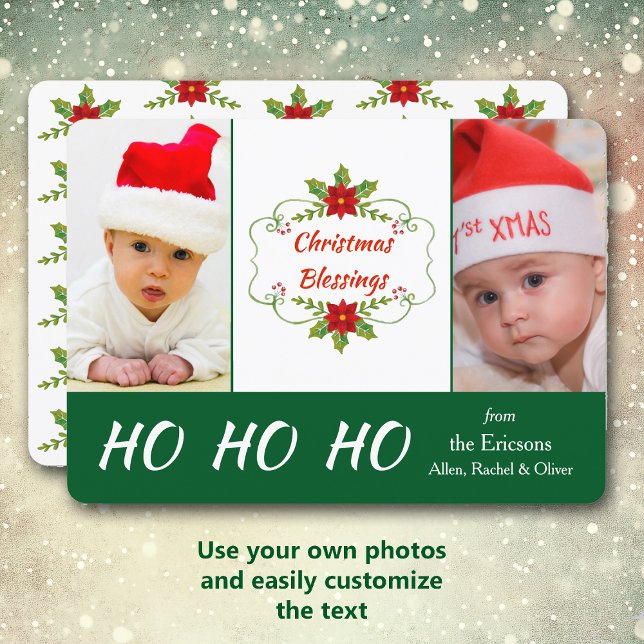 Poinsettia Frame Holiday Photo Template Flat Card (Creator Uploaded)