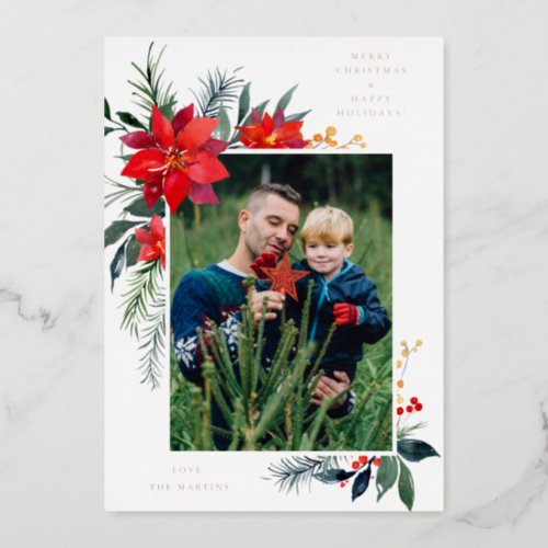 Poinsettia Frame V Photo Holiday  Foil Invitation