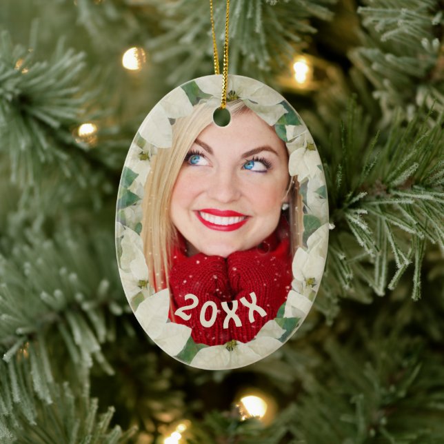 Poinsettia Garden, Soft Cream, Photo Holiday Ceramic Ornament (Tree)