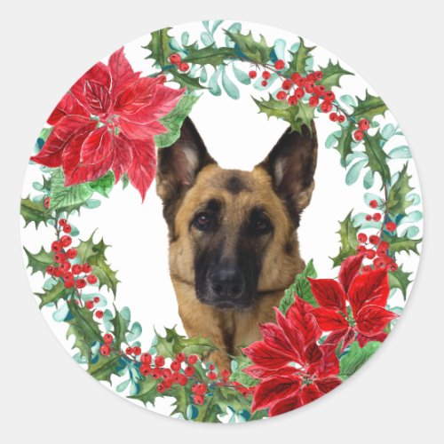 Poinsettia German Shepherd Dog Christmas Wreath Classic Round Sticker