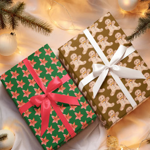 Poinsettia Gingerbread Holly Leaves Wrapping Paper Sheets