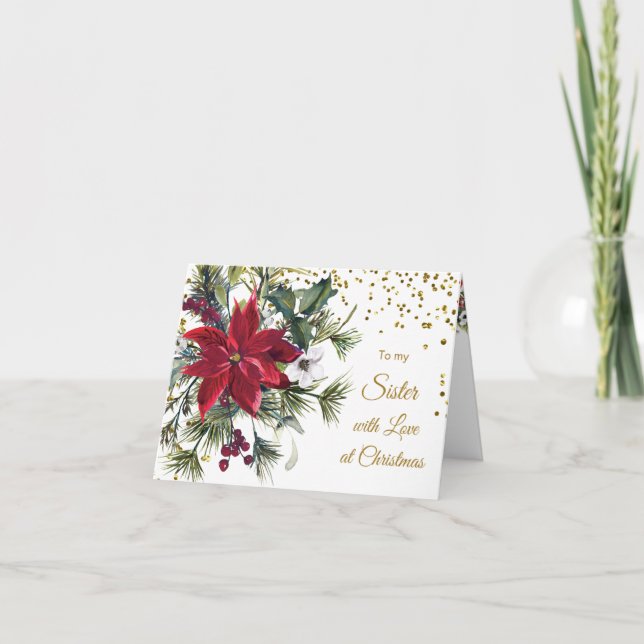Poinsettia, gold confetti Sister Christmas Card (Front)