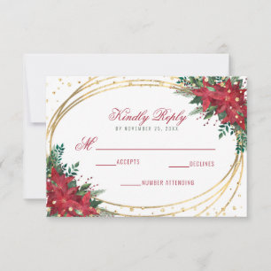 Poinsettia Gold Geometric Christmas Wedding RSVP Card