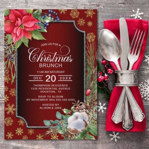 Poinsettia Gold Snowflakes Red Christmas Brunch Invitation