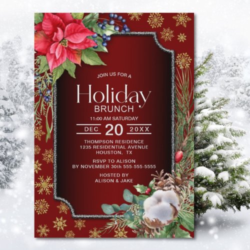 Poinsettia Gold Snowflakes Red Holiday Brunch Invitation