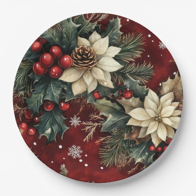 Poinsettia Grace in Snowfall’s Embrace Paper Plates (Front)