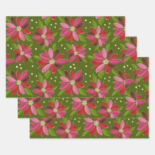 Poinsettia green gift wrap 3 pack