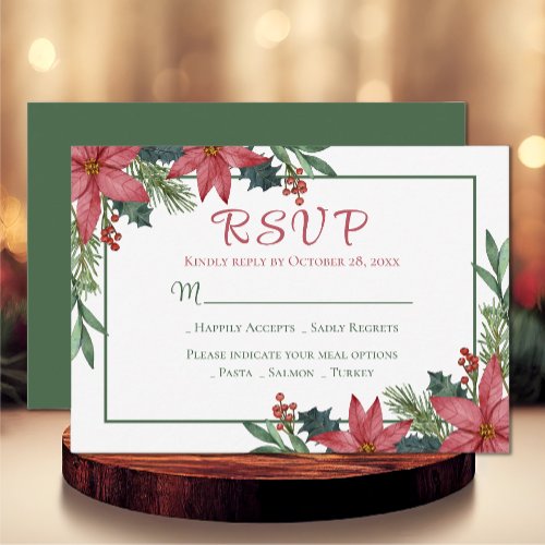 Poinsettia Green Red Christmas Floral Wedding RSVP