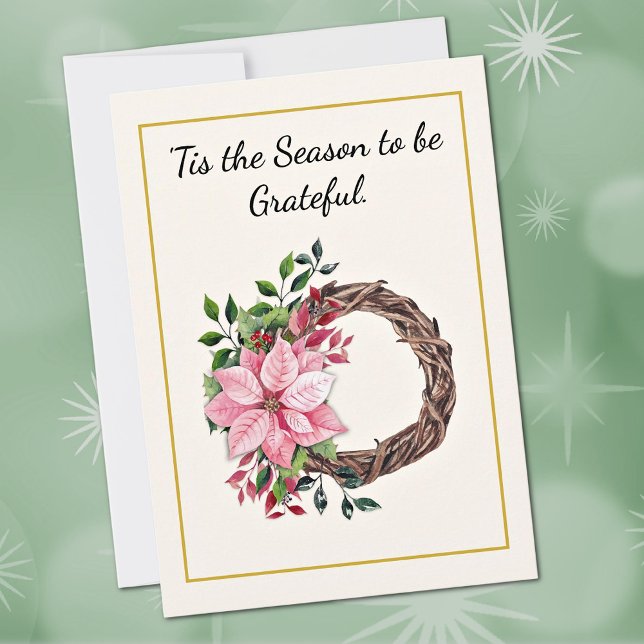 Poinsettia Greenery Berries Wreath Thank You Card (Creator Uploaded)