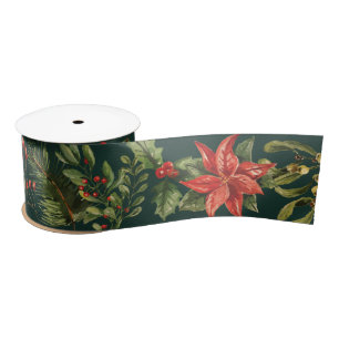 Poinsettia Greenery Botanical Floral Satin Ribbon