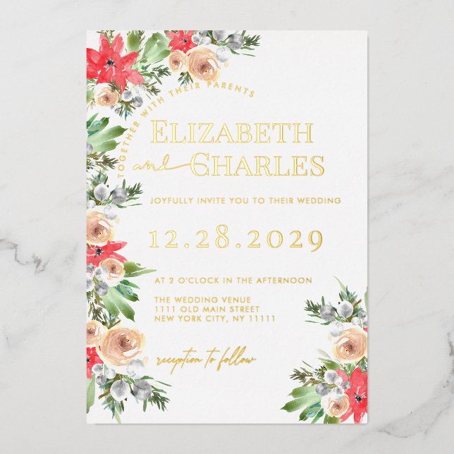 Poinsettia Greenery Christmas Holiday Wedding Foil Invitation (Front)