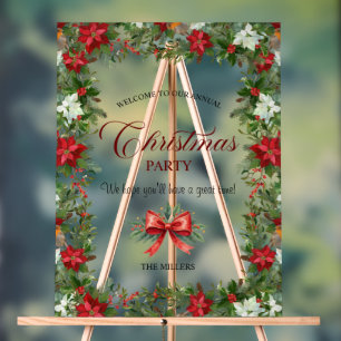 Poinsettia Greenery Christmas Party Welcome Acrylic Sign