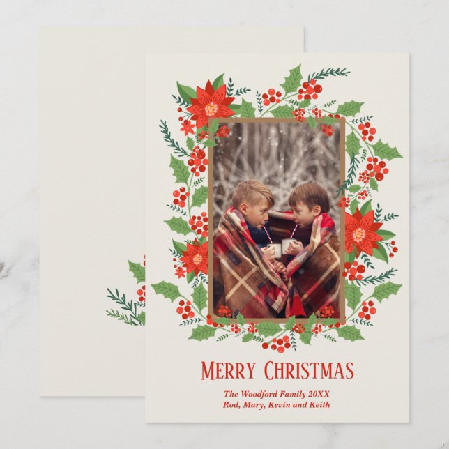 Poinsettia Greenery Christmas Photo Holiday Card (Front/Back)