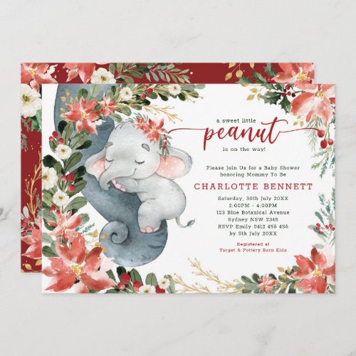 Poinsettia Greenery Elephant Holiday Baby Shower Invitation