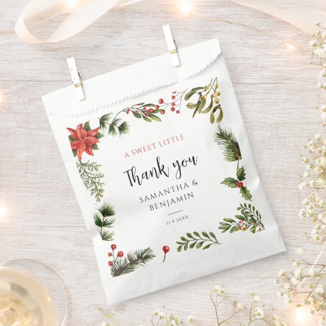 Poinsettia Greenery Floral Winter Wedding Favor Bag (Clipped)