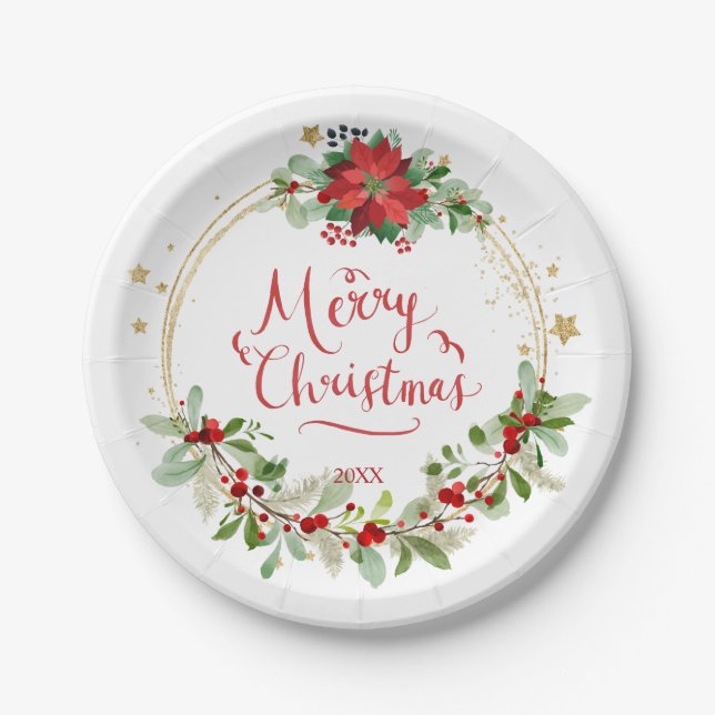 Poinsettia Greenery Foliage Red Berry Christmas Paper Plates (Front)