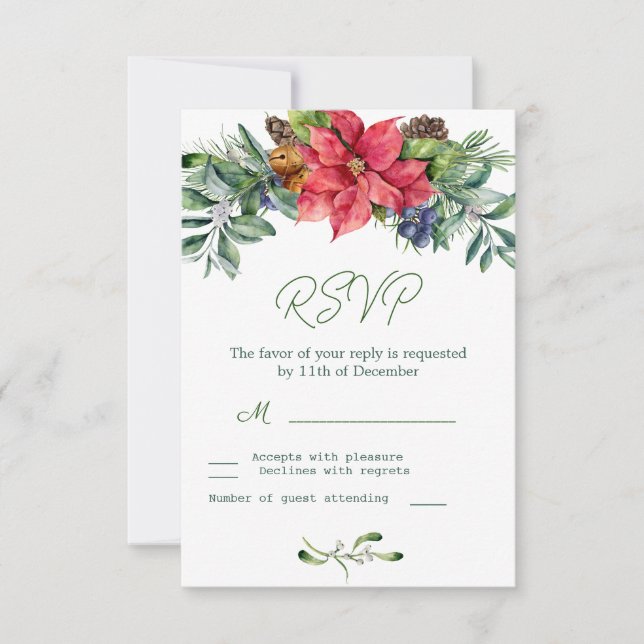 Poinsettia Greenery Foliage Wedding RSVP (Front)