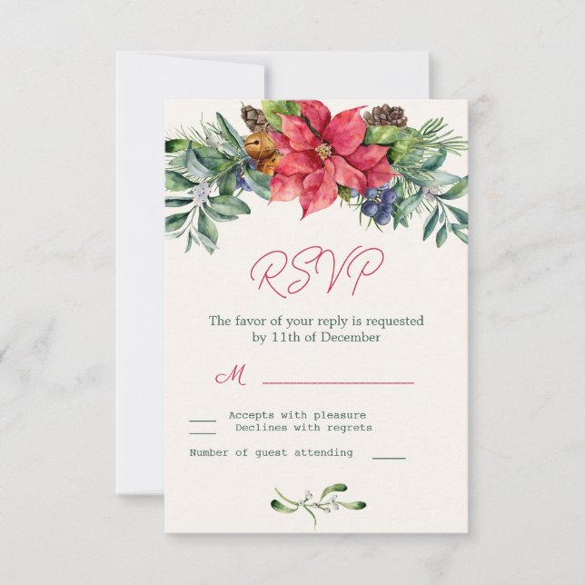 Poinsettia Greenery Foliage Wedding RSVP (Front)