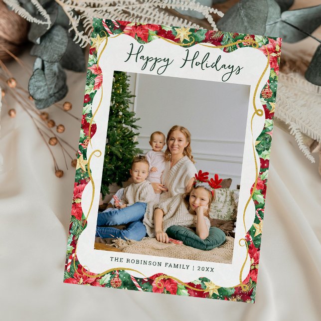 Poinsettia Greenery Pattern Christmas 1 Photo Holiday Card (Creator Uploaded)