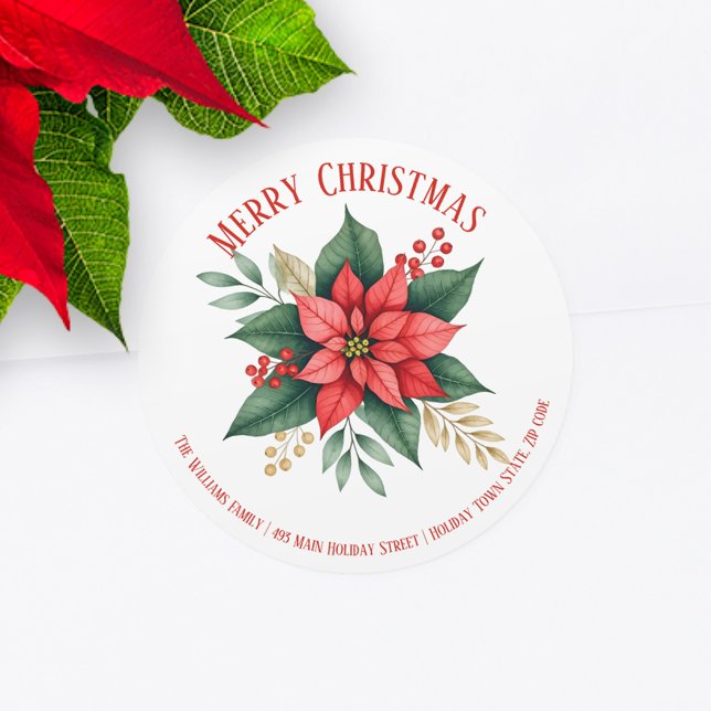 Poinsettia Greenery Red Berries Christmas Address Classic Round Sticker (Creator Uploaded)