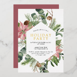 Poinsettia Greenery Wreath Holiday Party Gold Foil Invitation