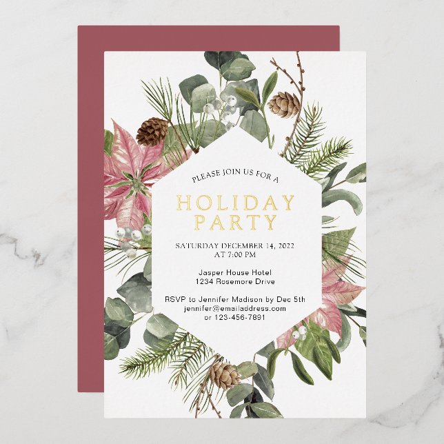 Poinsettia Greenery Wreath Holiday Party Gold  Foil Invitation (Front/Back)