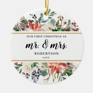 Poinsettia Greens First Christmas as Mr. and Mrs. Ceramic Ornament