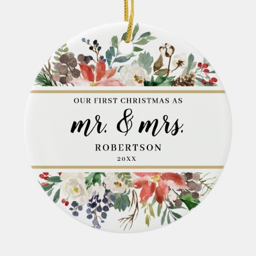 Poinsettia Greens First Christmas as Mr and Mrs Ceramic Ornament