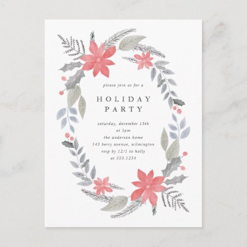 Poinsettia Hand_drawn Wreath Holiday Party Postcard