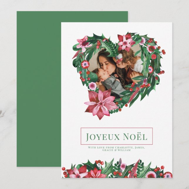 Poinsettia Heart Wreath Joyeux Noël Christmas Card (Front/Back)
