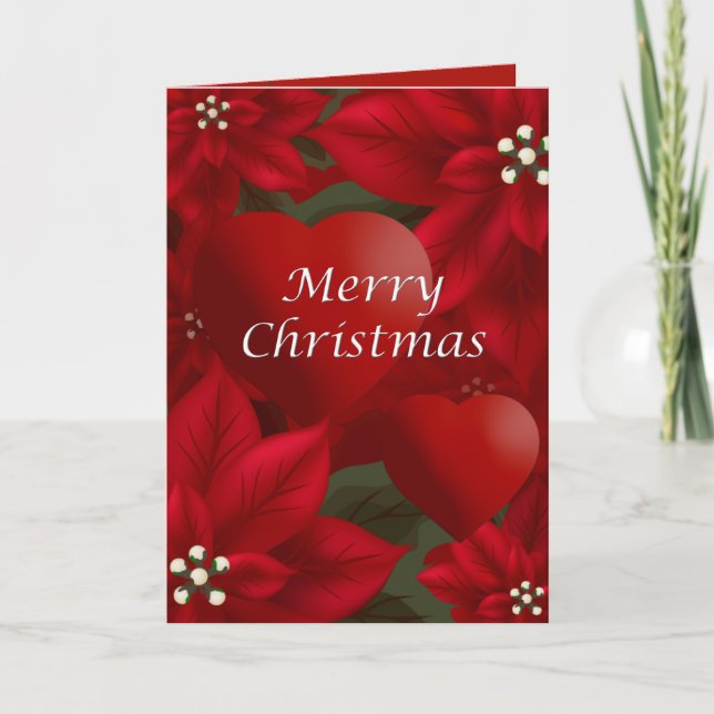 Poinsettia & Hearts Christmas Greeting Holiday Card (Front)
