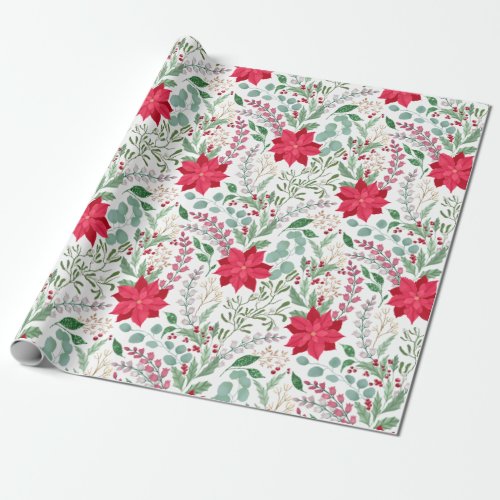 Poinsettia heather floral watercolor glitter  wrapping paper