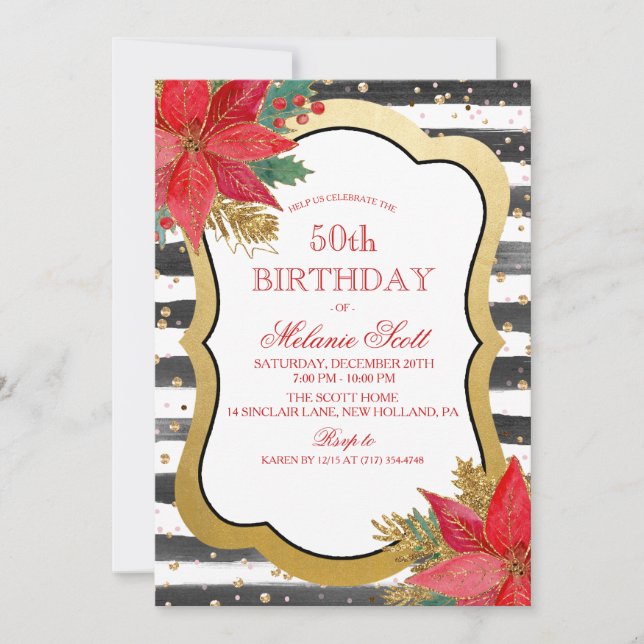 Poinsettia Holiday Birthday Party Invitation (Front)