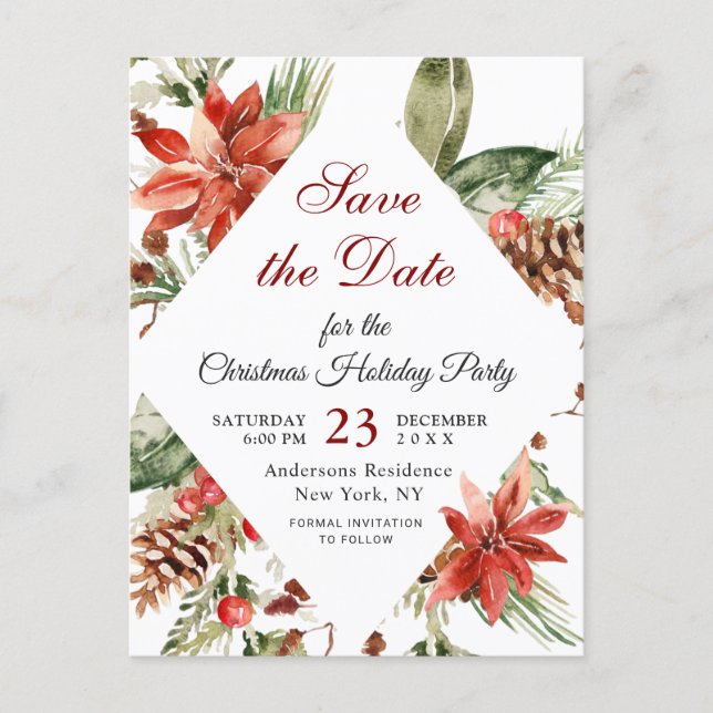 Poinsettia Holiday Christmas Party Save The Date Announcement Postcard (Front)