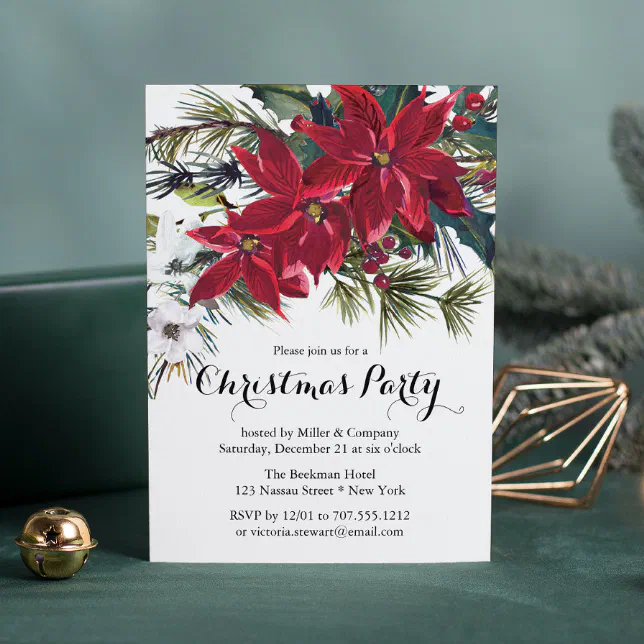 Poinsettia Holiday Floral Christmas Party Company Invitation | Zazzle