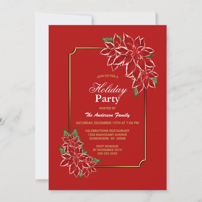 Poinsettia Holiday Party Gold Bordered Red Invitation (Front)