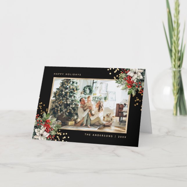 Poinsettia Holly Berries Black Gold Photo Holiday Card (Front)