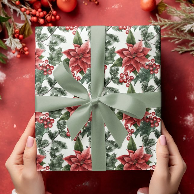 Poinsettia Holly Berries Christmas Wrapping Paper (Creator Uploaded)